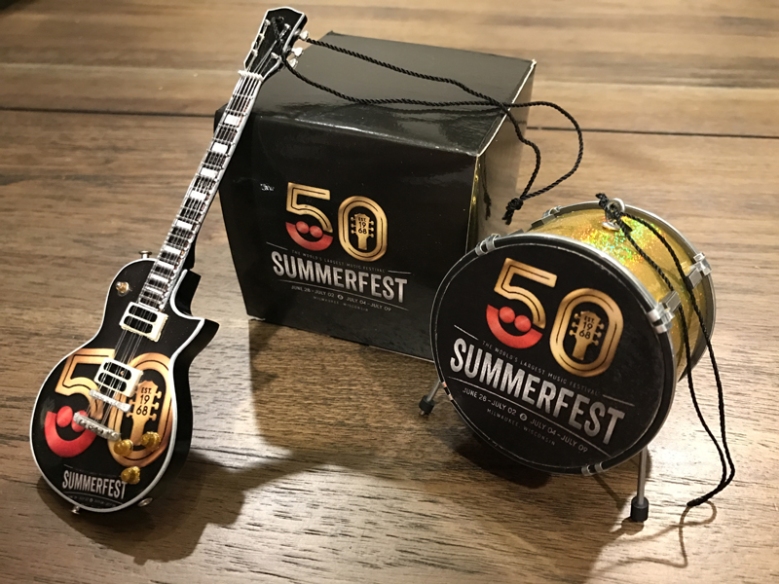 Custom Promotional 6" Mini Guitar and 2.5" Bass Drum Holiday Ornaments for Milwaukee Summerfest 50th Anniversary
