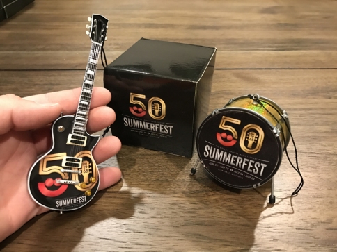 Custom Promotional 6" Mini Guitar and 2.5" Bass Drum Holiday Ornaments for Milwaukee Summerfest 50th Anniversary