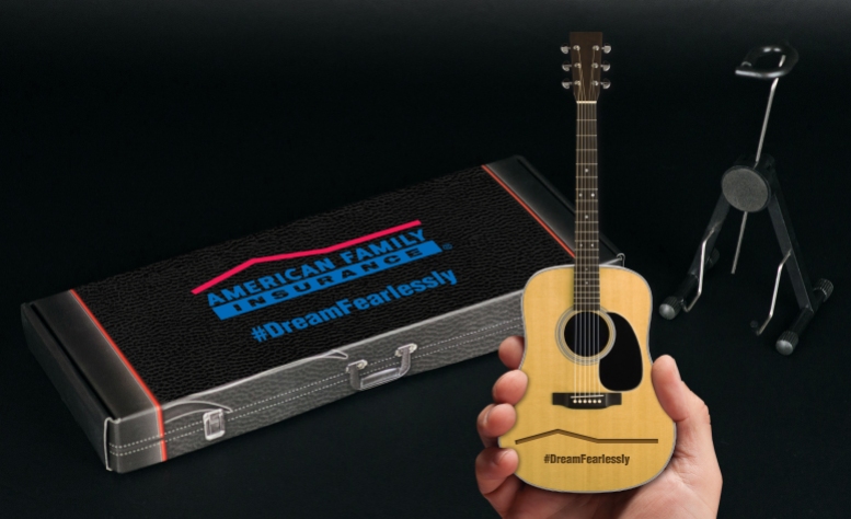Laser-Engraved Acoustic Mini Guitar for American Family Insurance & Gift Box with Custom Label
