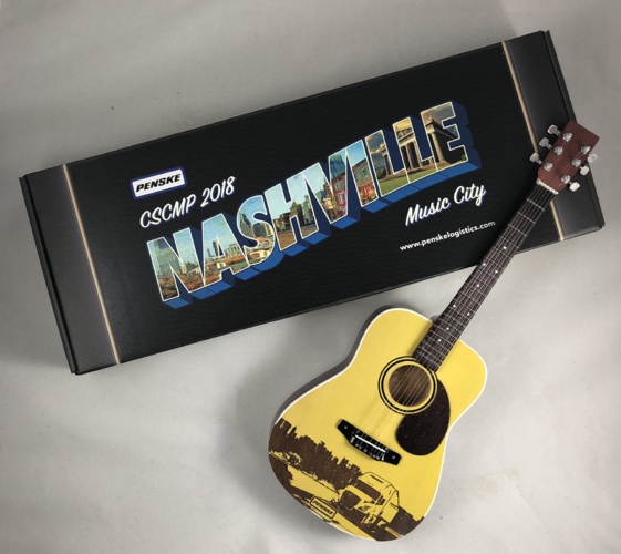 Laser-Engraved Acoustic Mini Guitar for Penske Event in Nashville "Music City" Tennessee & Gift Box with Custom Label